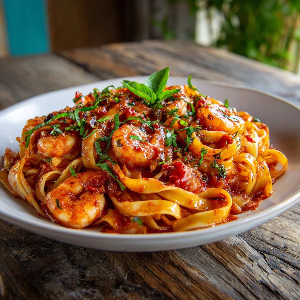 Spicy Shrimp Tagliatelle in Tomato