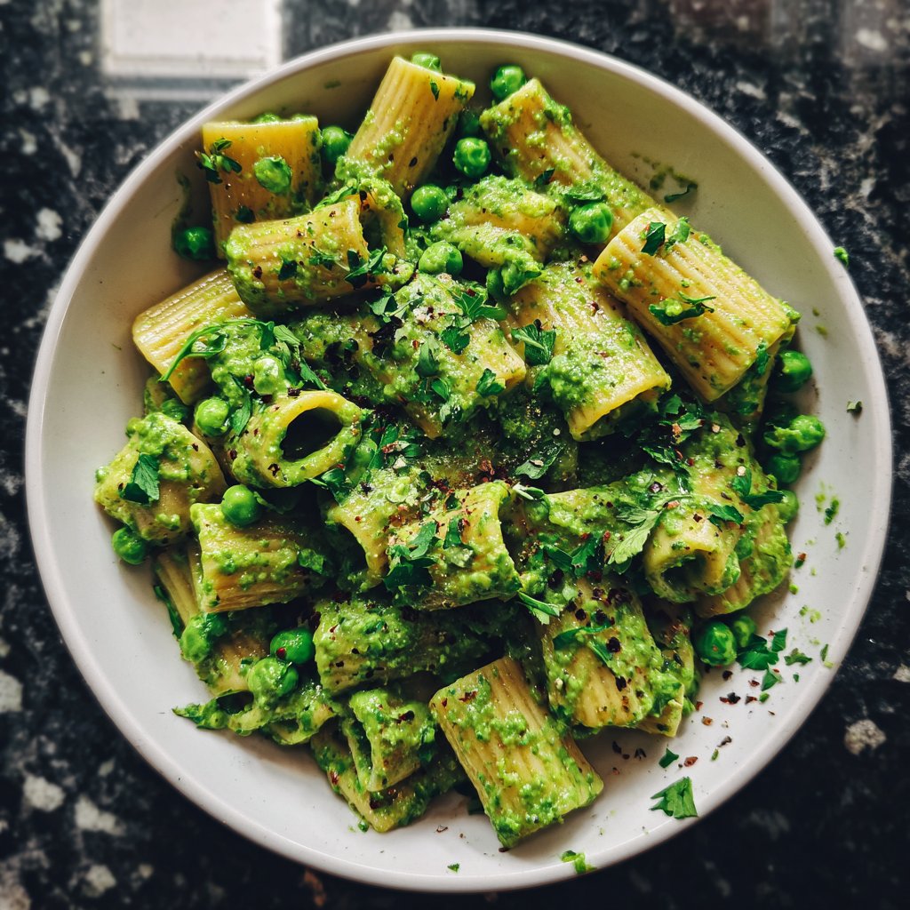 Vegan Pesto and Pea Rigatoni